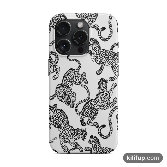 Beyaz Leopar Silüetli Telefon Kılıfı – iPhone ve Samsung model seçenekli